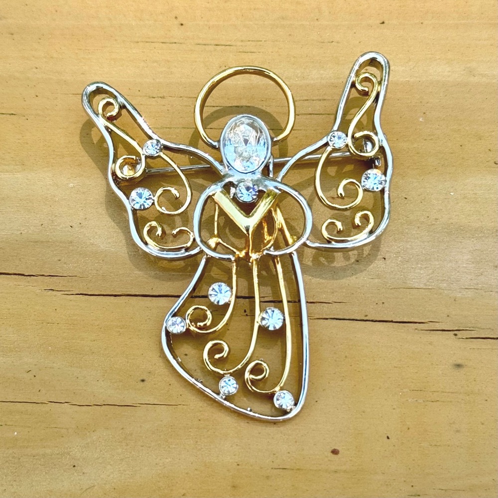 Eisenberg Ice Angel Brooch Silver Gold Tone Rhinestone Filigree Pin Celestial